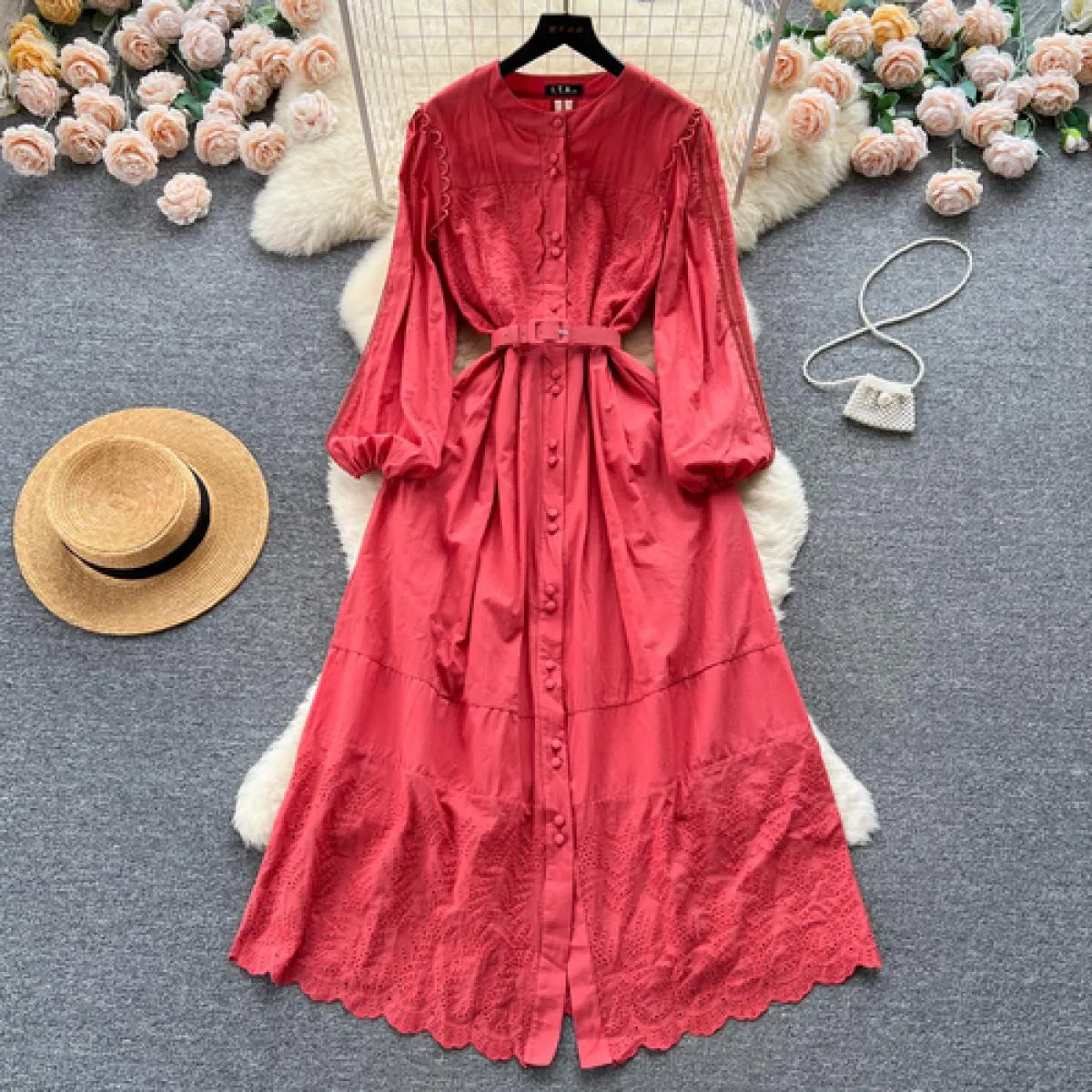 Abito maxi boho estivo elegante ricamo per donna manica lunga cintura cava abiti femminili monopetto di lusso nuovo
