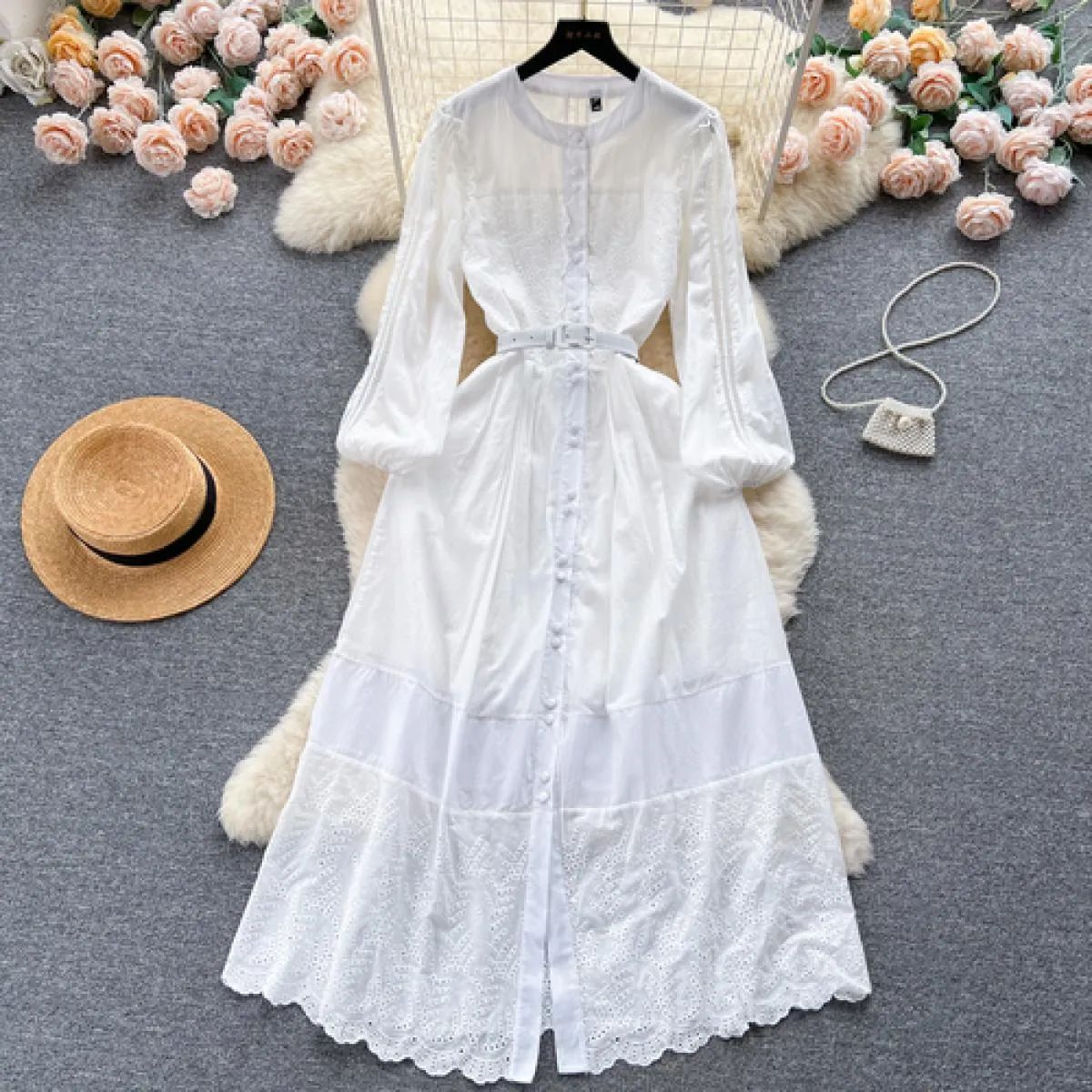 Abito maxi boho estivo elegante ricamo per donna manica lunga cintura cava abiti femminili monopetto di lusso nuovo