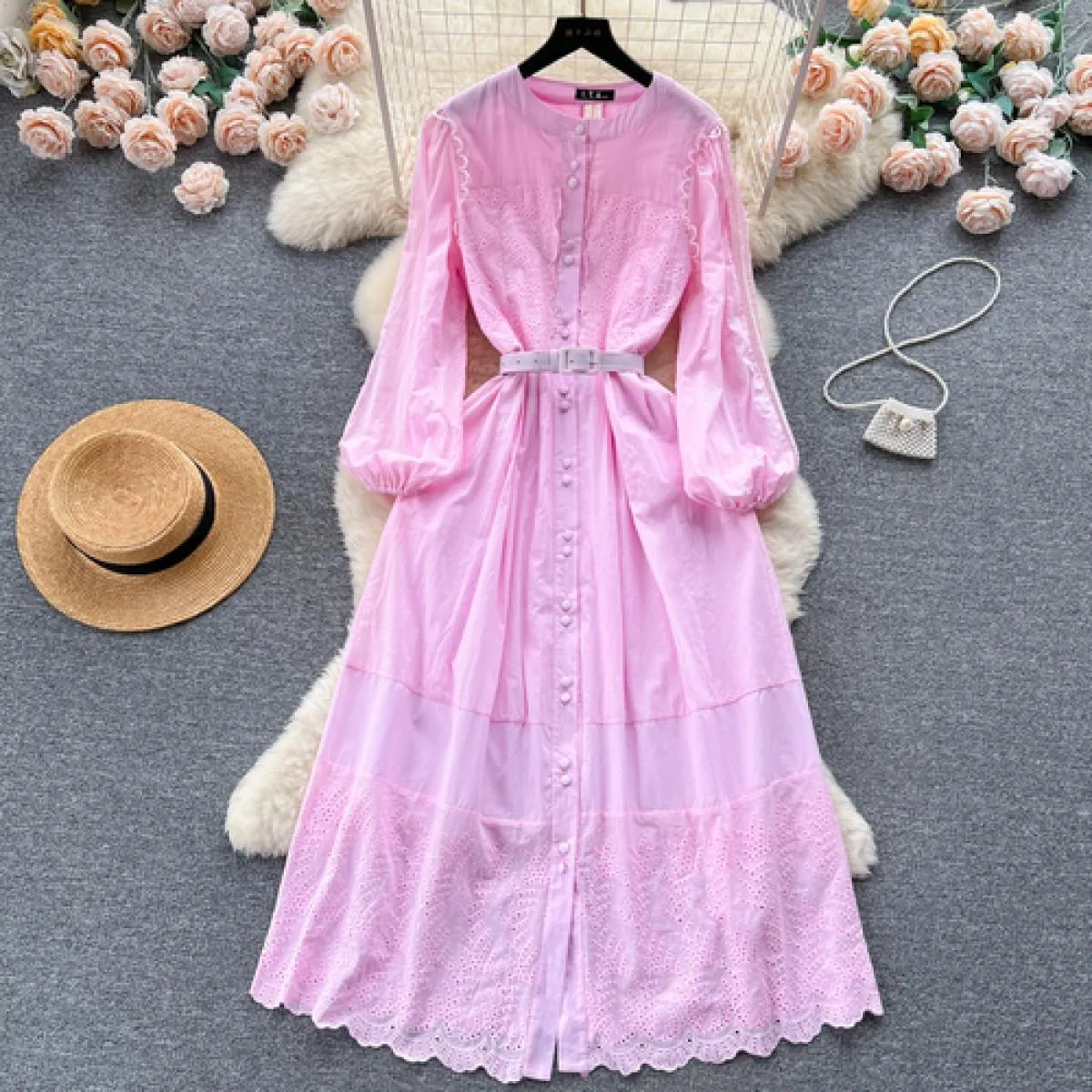 Abito maxi boho estivo elegante ricamo per donna manica lunga cintura cava abiti femminili monopetto di lusso nuovo