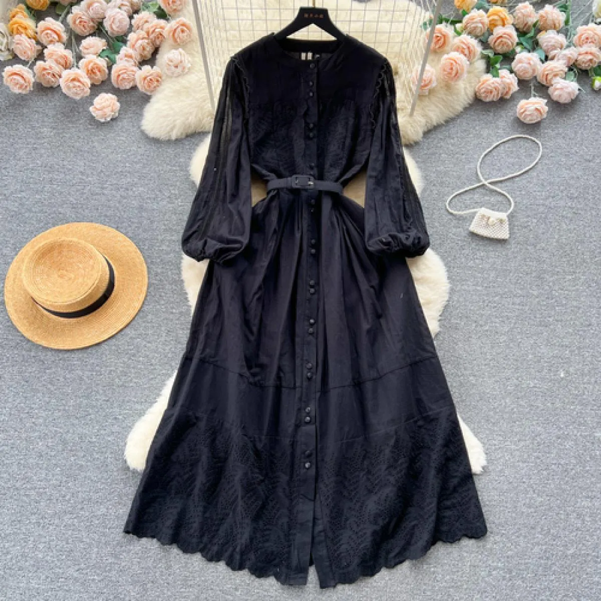 Abito maxi boho estivo elegante ricamo per donna manica lunga cintura cava abiti femminili monopetto di lusso nuovo