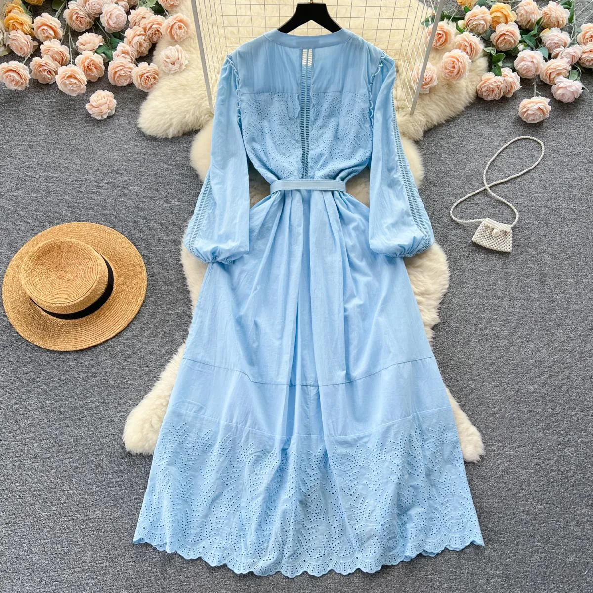 Abito maxi boho estivo elegante ricamo per donna manica lunga cintura cava abiti femminili monopetto di lusso nuovo