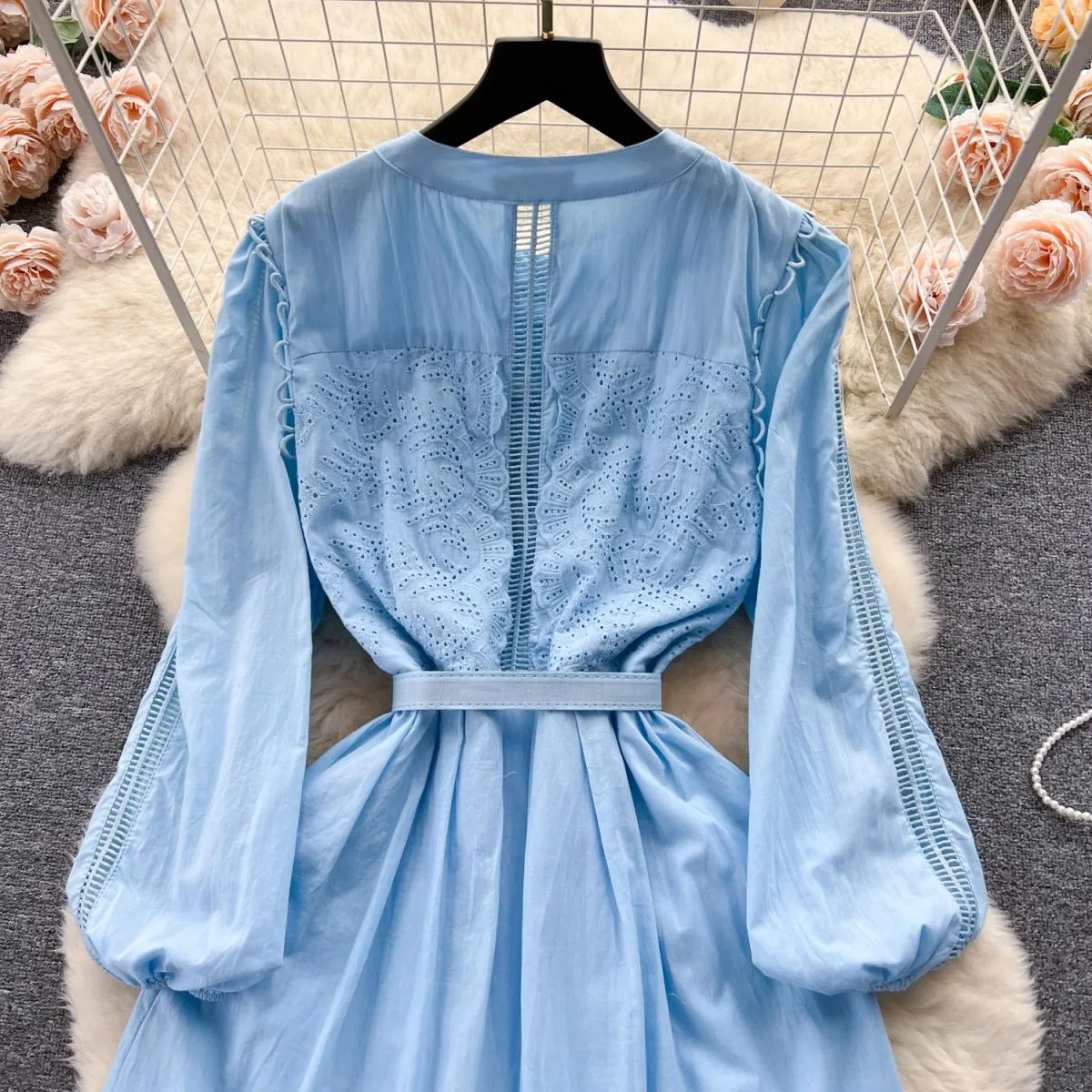 Abito maxi boho estivo elegante ricamo per donna manica lunga cintura cava abiti femminili monopetto di lusso nuovo
