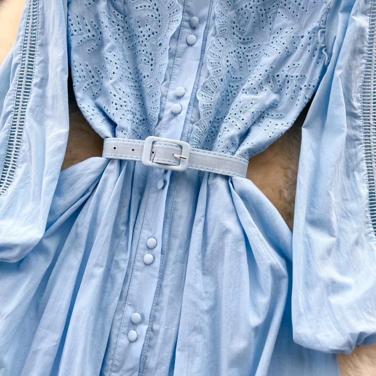 Abito maxi boho estivo elegante ricamo per donna manica lunga cintura cava abiti femminili monopetto di lusso nuovo