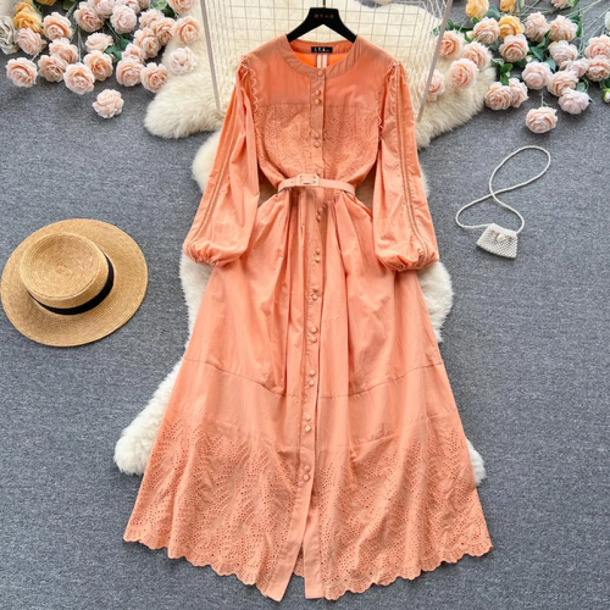 Abito maxi boho estivo elegante ricamo per donna manica lunga cintura cava abiti femminili monopetto di lusso nuovo