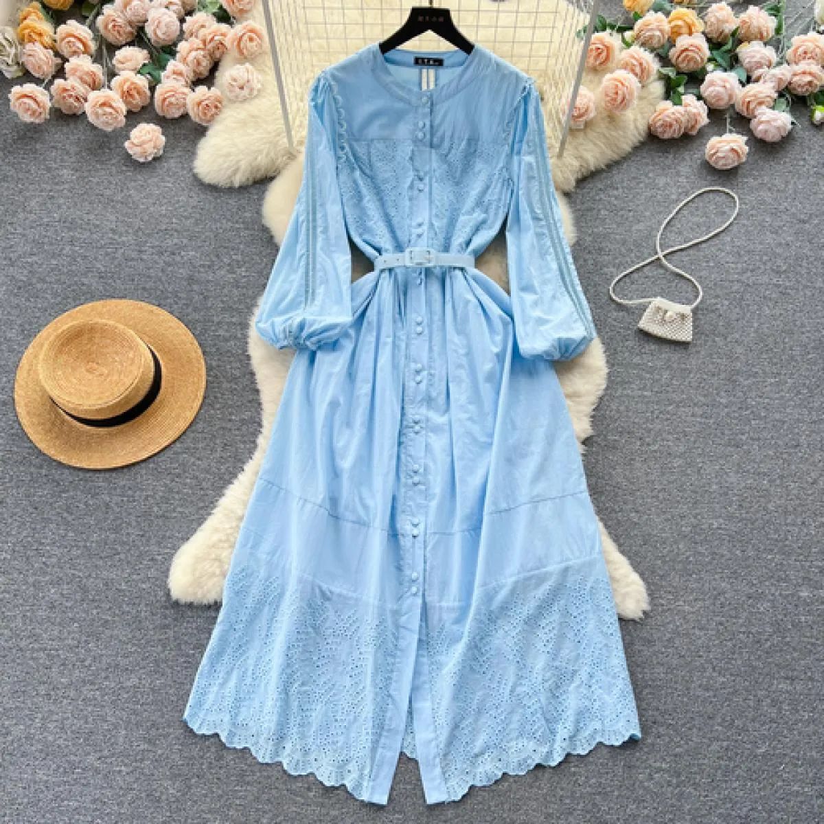 Abito maxi boho estivo elegante ricamo per donna manica lunga cintura cava abiti femminili monopetto di lusso nuovo