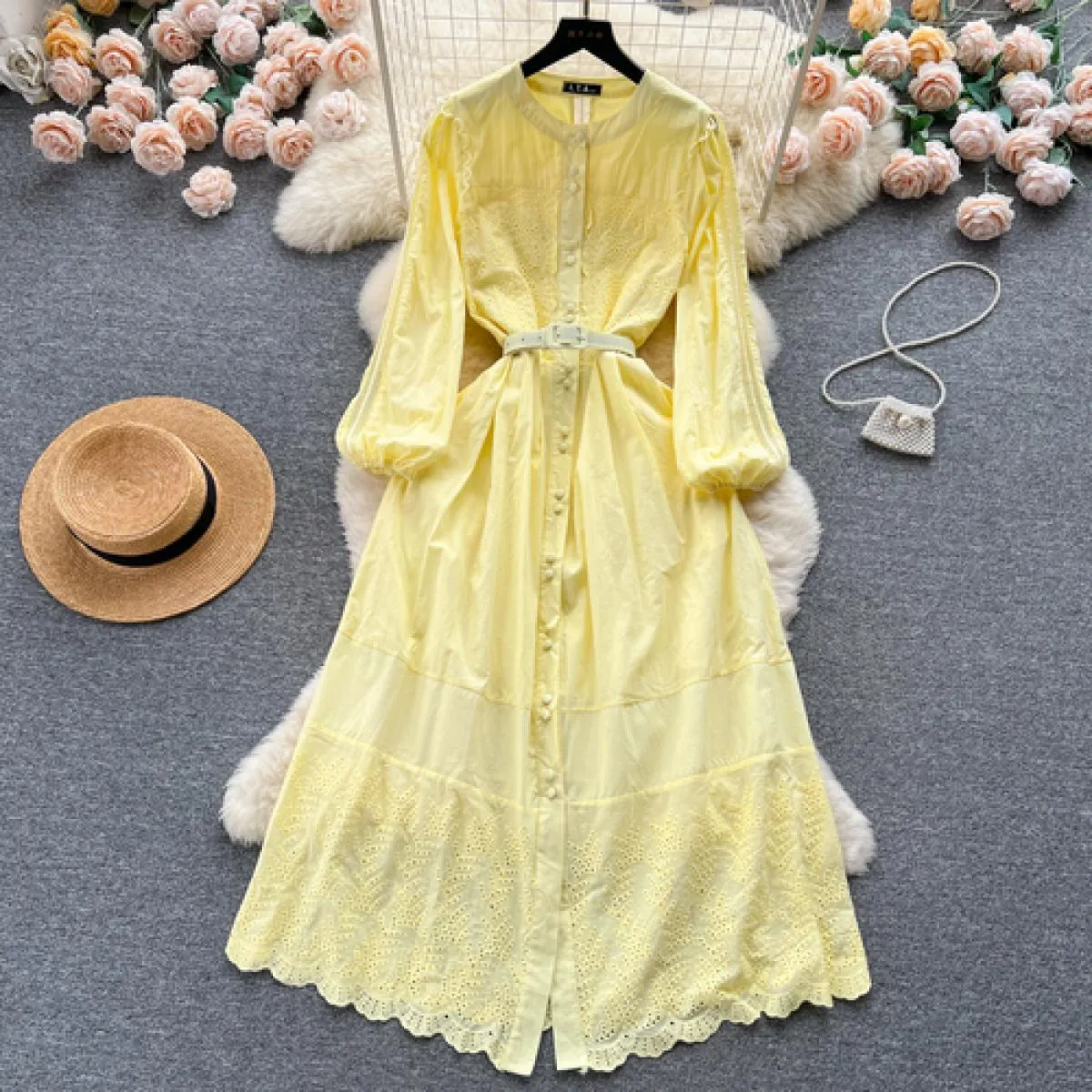 Abito maxi boho estivo elegante ricamo per donna manica lunga cintura cava abiti femminili monopetto di lusso nuovo
